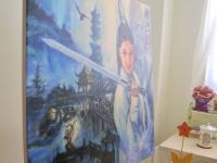 Condor And Heroes -ancient china swordswoman Jin Yong wuxia fantasy painting with pagoda, chinese mountains landscape, condors, archer