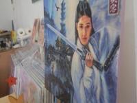 Condor And Heroes -ancient china swordswoman Jin Yong wuxia fantasy painting with pagoda, chinese mountains landscape, condors, archer