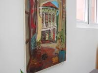 Beautiful Impressionist Shophouse Corridor Oil Painting - Singapore City Heritage Surreal Landscape Artwork - Peranakan Lady In Red With Cat