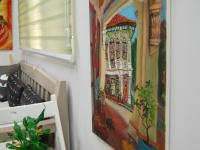 Beautiful Impressionist Shophouse Corridor Oil Painting - Singapore City Heritage Surreal Landscape Artwork - Peranakan Lady In Red With Cat