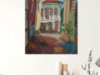 Beautiful Impressionist Shophouse Corridor Oil Painting - Singapore City Heritage Surreal Landscape Artwork - Peranakan Lady In Red With Cat