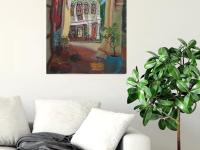Beautiful Impressionist Shophouse Corridor Oil Painting - Singapore City Heritage Surreal Landscape Artwork - Peranakan Lady In Red With Cat