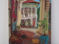 Beautiful Impressionist Shophouse Corridor Oil Painting - Singapore City Heritage Surreal Landscape Artwork - Peranakan Lady In Red With Cat 