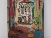 Beautiful Impressionist Shophouse Corridor Oil Painting - Singapore City Heritage Surreal Landscape Artwork - Peranakan Lady In Red With Cat