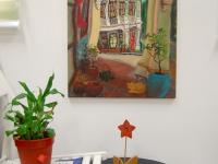 Beautiful Impressionist Shophouse Corridor Oil Painting - Singapore City Heritage Surreal Landscape Artwork - Peranakan Lady In Red With Cat