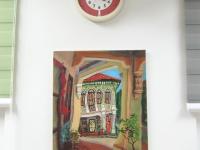 Beautiful Impressionist Shophouse Corridor Oil Painting - Singapore City Heritage Surreal Landscape Artwork - Peranakan Lady In Red With Cat