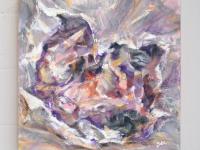 Crumpled Paper Abstract Still Life Painting Fine Art, an original impressionist pastel artwork, acrylic on canvas with lady's face and a dog