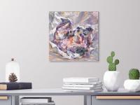 Crumpled Paper Abstract Still Life Painting Fine Art, an original impressionist pastel artwork, acrylic on canvas with lady's face and a dog