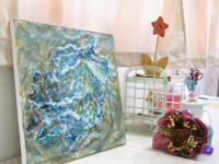 Crumpled Paper Abstract Still Life Painting Fine Art, an original impressionist blue golden artwork, acrylic on canvas, like swirling seashell