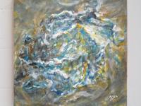 Crumpled Paper Abstract Still Life Painting Fine Art, an original impressionist blue golden artwork, acrylic on canvas, like swirling seashell