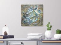 Crumpled Paper Abstract Still Life Painting Fine Art, an original impressionist blue golden artwork, acrylic on canvas, like swirling seashell