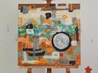 Deep Thoughts zen figures landscape abstract painting oil art with zen circles, warm earthy patterns orange decor with rich impasto textures