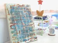 Denim - cool jeans like abstract original art painting, modern acrylic artwork on canvas, with starry skies through tattered blinds