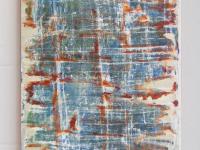 Denim - cool jeans like abstract original art painting, modern acrylic artwork on canvas, with starry skies through tattered blinds 