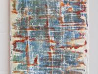 Denim - cool jeans like abstract original art painting, modern acrylic artwork on canvas, with starry skies through tattered blinds