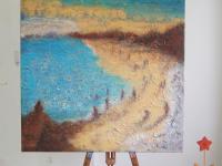 East Coast Dreams, abstract seascape original oil painting wall art of Singapore beach seaside with impasto textures in blue yellow colours