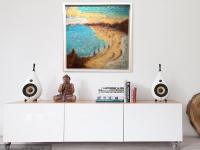 East Coast Dreams, abstract seascape original oil painting wall art of Singapore beach seaside with impasto textures in blue yellow colours