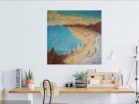 East Coast Dreams, abstract seascape original oil painting wall art of Singapore beach seaside with impasto textures in blue yellow colours