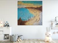 East Coast Dreams, abstract seascape original oil painting wall art of Singapore beach seaside with impasto textures in blue yellow colours