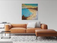 East Coast Dreams, abstract seascape original oil painting wall art of Singapore beach seaside with impasto textures in blue yellow colours