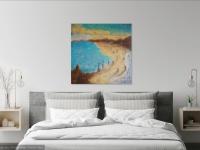 East Coast Dreams, abstract seascape original oil painting wall art of Singapore beach seaside with impasto textures in blue yellow colours