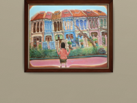 Emerald Hill Shophouses Oil Painting: Singapore Peranakan Heritage Street at Orchard Road with Little Nonya Girl on Swing