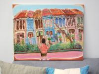 Emerald Hill Shophouses Oil Painting: Singapore Peranakan Heritage Street at Orchard Road with Little Nonya Girl on Swing