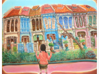 Singapore Signed Art Print of Emerald Hill Peranakan Shophouse Painting with Nonya Girl on Swing, Whimsical Heritage Asia Travel Poster
