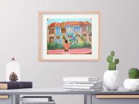 Singapore Signed Art Print of Emerald Hill Peranakan Shophouse Painting with Nonya Girl on Swing, Whimsical Heritage Asia Travel Poster