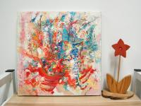 Ethereal Abstract Floral Acrylic Canvas Painting - Red Pot Flowers and Blue Birds - Original Artwork - Chinese Painting Style - Pour Art