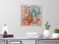 Ethereal - abstract floral acrylic canvas painting with red pot of flowers and blue birds, original flow art like poetic ornamental chinese painting