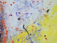 Whimsical uplifting art painting of bright orange sun imagery, abstract expressionist original artwork with calligraphy lines and etchings