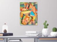 Warm colorful orange theme figures abstract art painting, original modern artwork, acrylic on canvas, with fun block shapes and objects