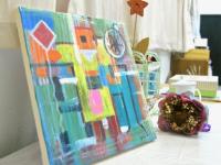 Happy Robot Figure Abstract Art Painting, a colorful original modern artwork, acrylic on canvas, with cheerful colour blocks, shapes n lines
