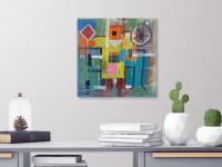 Happy Robot Figure Abstract Art Painting, a colorful original modern artwork, acrylic on canvas, with cheerful colour blocks, shapes n lines