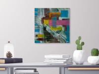 Cyan blue theme figures abstract art painting of girl in pink, original modern artwork, acrylic on canvas, with block colors, paint splashes and etchings