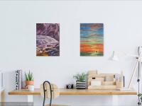 Flow -Abstract Iceland Waterfall Landscape Oil Painting of zen nature surreal waterscape, impressionist impasto knife artwork in purple hues