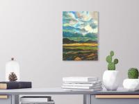 Haven -Impressionist Iceland Landscape Oil Painting of mountain storm clouds on the plains, with impasto surreal scenery of Icelandic houses