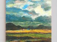 Haven -Impressionist Iceland Landscape Oil Painting of mountain storm clouds on the plains, with impasto surreal scenery of Icelandic houses