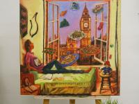 Whimsical window painting, original artwork of Singapore girl on London night with Big Ben clock, homesick for Singaporean peranakan food