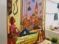 Whimsical window painting, original artwork of Singapore girl on London night with Big Ben clock, homesick for Singaporean peranakan food