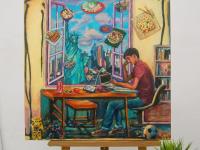 Whimsical Window Painting - Singapore Boy Studying - Statue of Liberty - New York City - Original Canvas Art - Singapore Food Heritage Art