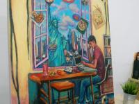 Whimsical Window Painting - Singapore Boy Studying - Statue of Liberty - New York City - Original Canvas Art - Singapore Food Heritage Art