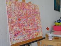 Itsy Bitsy abstract acrylic painting, pink textural impasto art, an original canvas artwork of pastel colors and whimsical musical notes