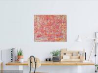 Itsy Bitsy abstract acrylic painting, pink textural impasto art, an original canvas artwork of pastel colors and whimsical musical notes