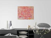 Itsy Bitsy abstract acrylic painting, pink textural impasto art, an original canvas artwork of pastel colors and whimsical musical notes