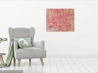 Itsy Bitsy abstract acrylic painting, pink textural impasto art, an original canvas artwork of pastel colors and whimsical musical notes