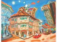 Singapore Art Print of Jalan Besar Shophouses Vibrant Artwork, Colorful Heritage City Starry Night Poster in Van Gogh Style