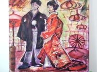 Japanese Wedding Couple - Portrait Painting, Kimono Bride, Traditional Gown, Red Phoenix, Lanterns, Umbrellas, Whimsical, Original Fine Art