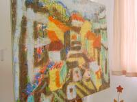 Journey To Town, abstract original oil painting art of Singapore town street landscape with peranakan shophouses in colorful abstract shapes